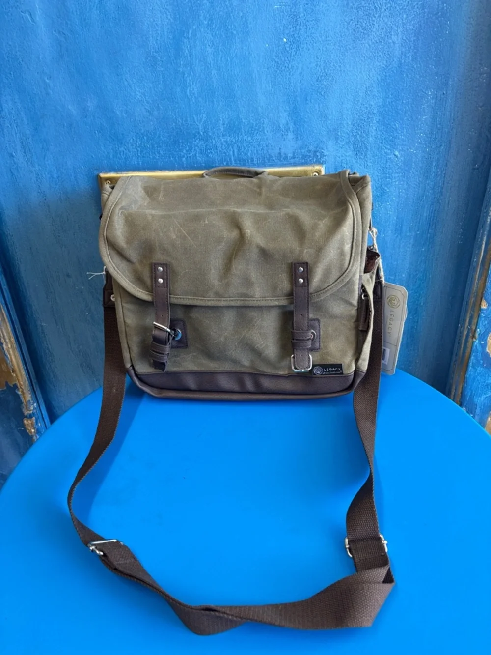 Men's Olive Canvas Messenger Bag with Brown Accents